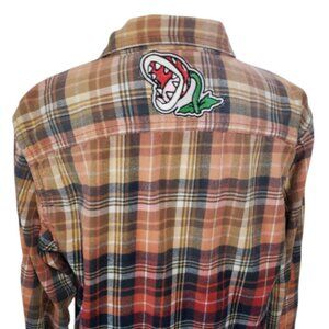 Upcycled Distressed Flannel with "Fire Piranha" Embroidered Patch Large